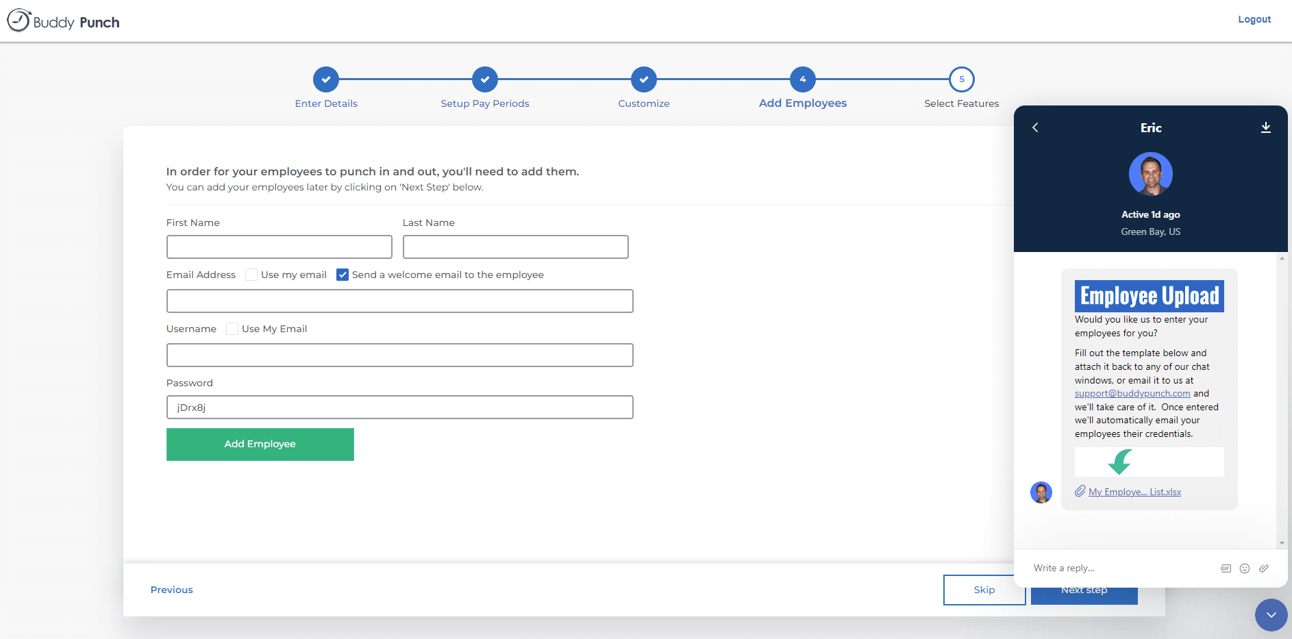 Buddy Punch onboarding step for adding employee names and email addresses, with the Employee Upload template option