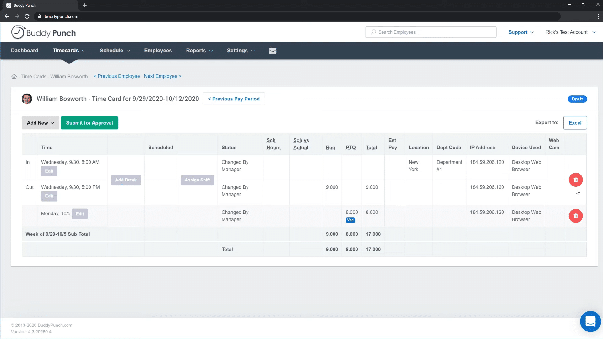 Buddy Punch dashboard employee view showing hours and time off ahead of payroll submission