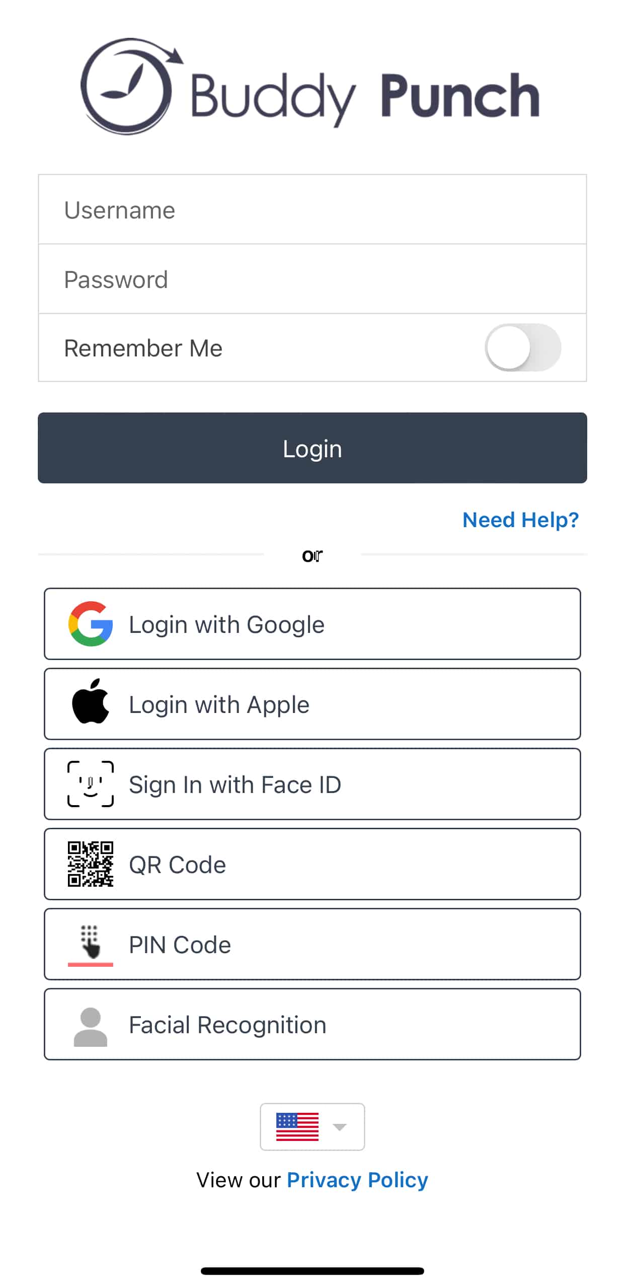 Buddy Punch mobile login page showing the available authentication options