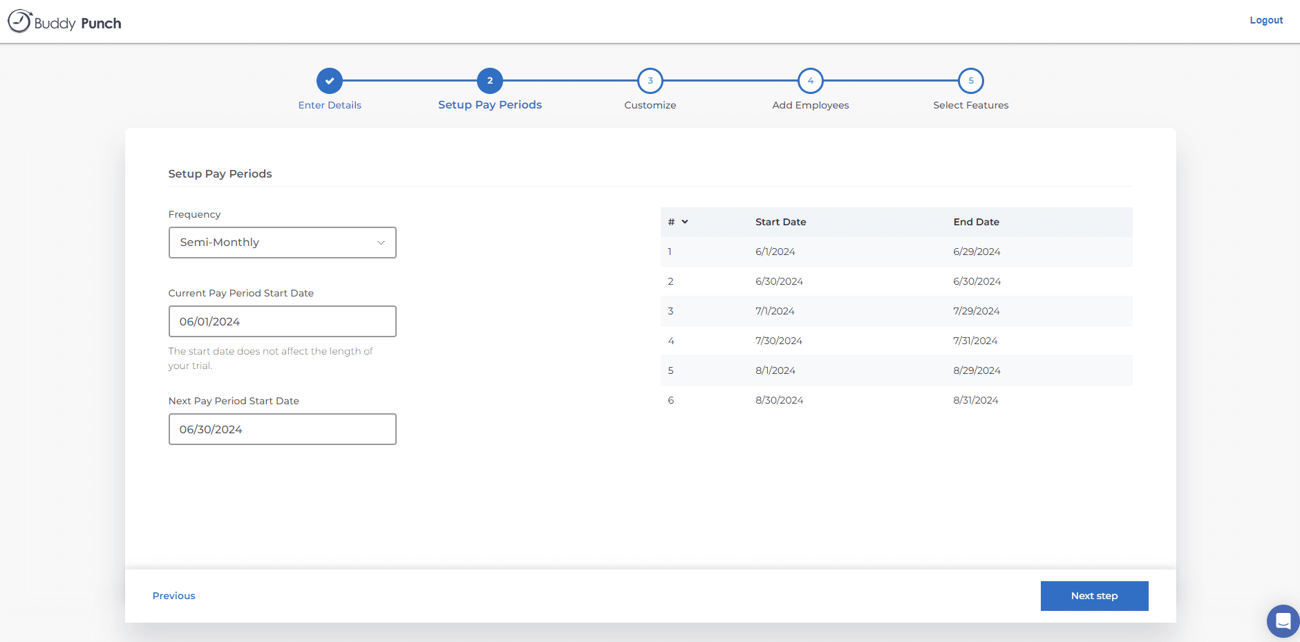 Buddy Punch onboarding step for setting pay period frequency and start date, with the resulting pay schedule shown on the right