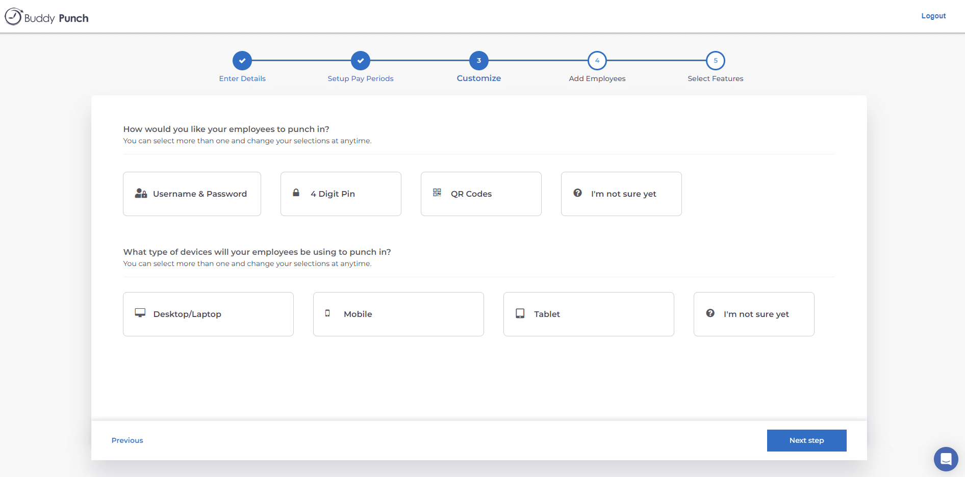 Buddy Punch onboarding step for choosing punch-in method and device: username and password, 4-digit PIN, or QR code