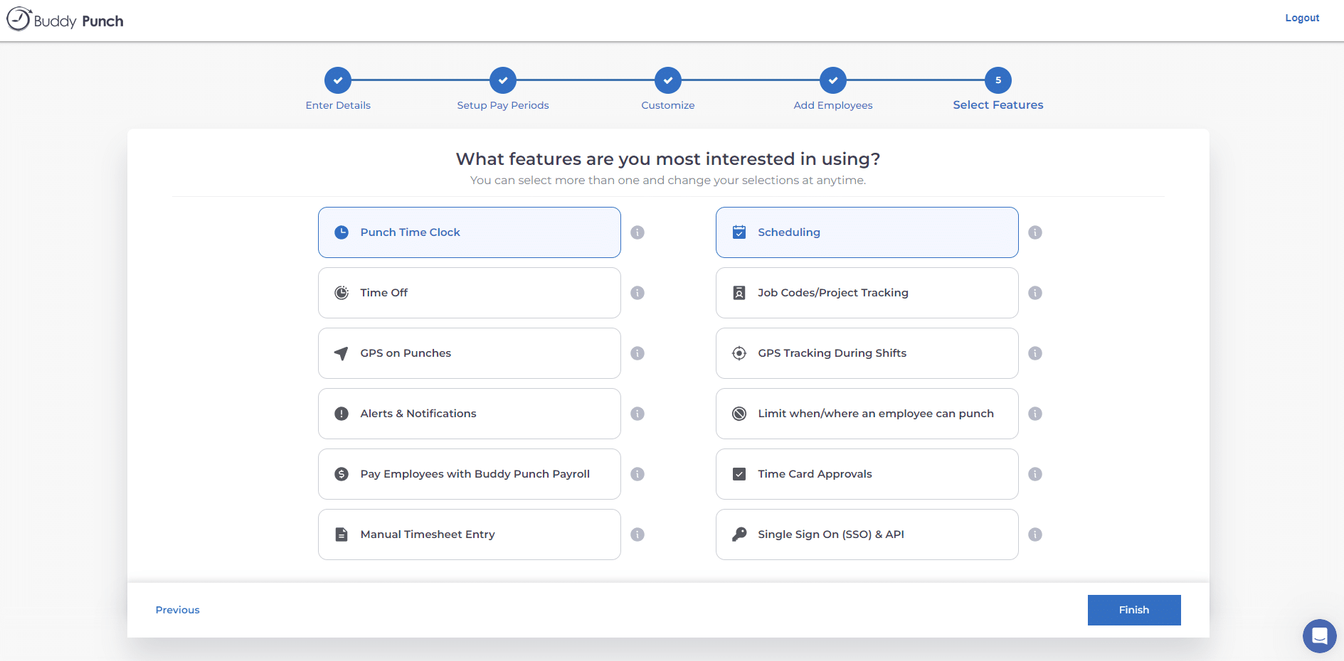 Buddy Punch onboarding step listing selectable features including time clock, scheduling, time off, job codes, and GPS options