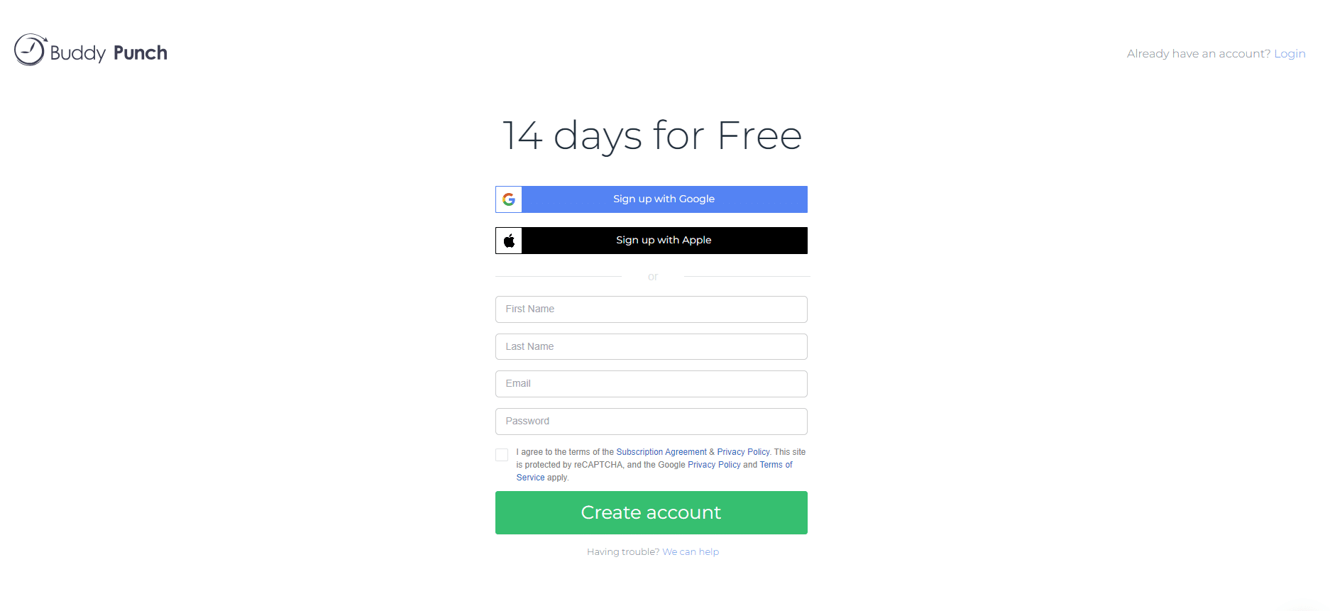 Buddy Punch sign-up page showing account creation with Apple, Google, or email and password