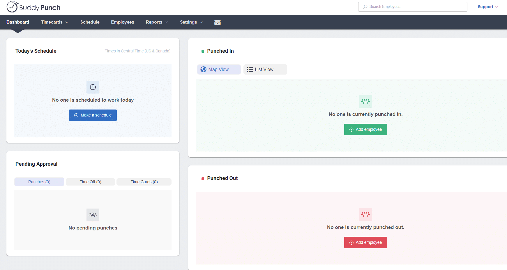 Buddy Punch web app dashboard with time tracking data in the center and feature tabs across the menu