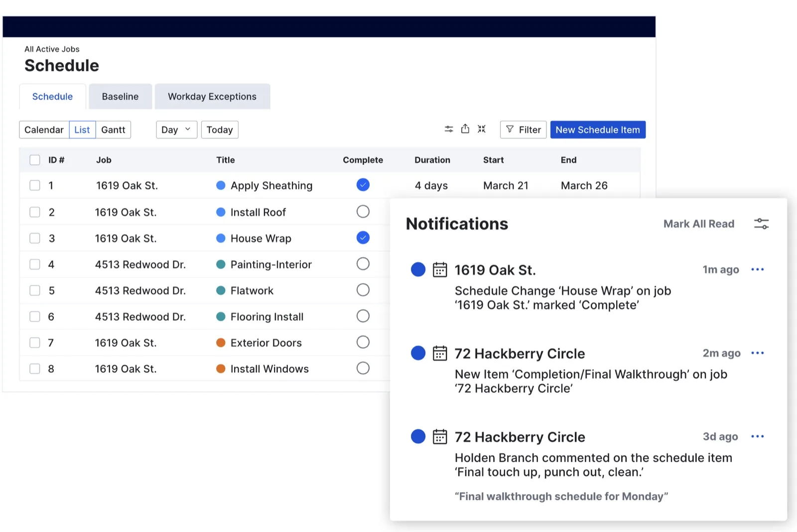 Buildertrend schedule in list view across active jobs, with a notifications panel showing a task marked complete, a new schedule item and a comment on a punch-out item.