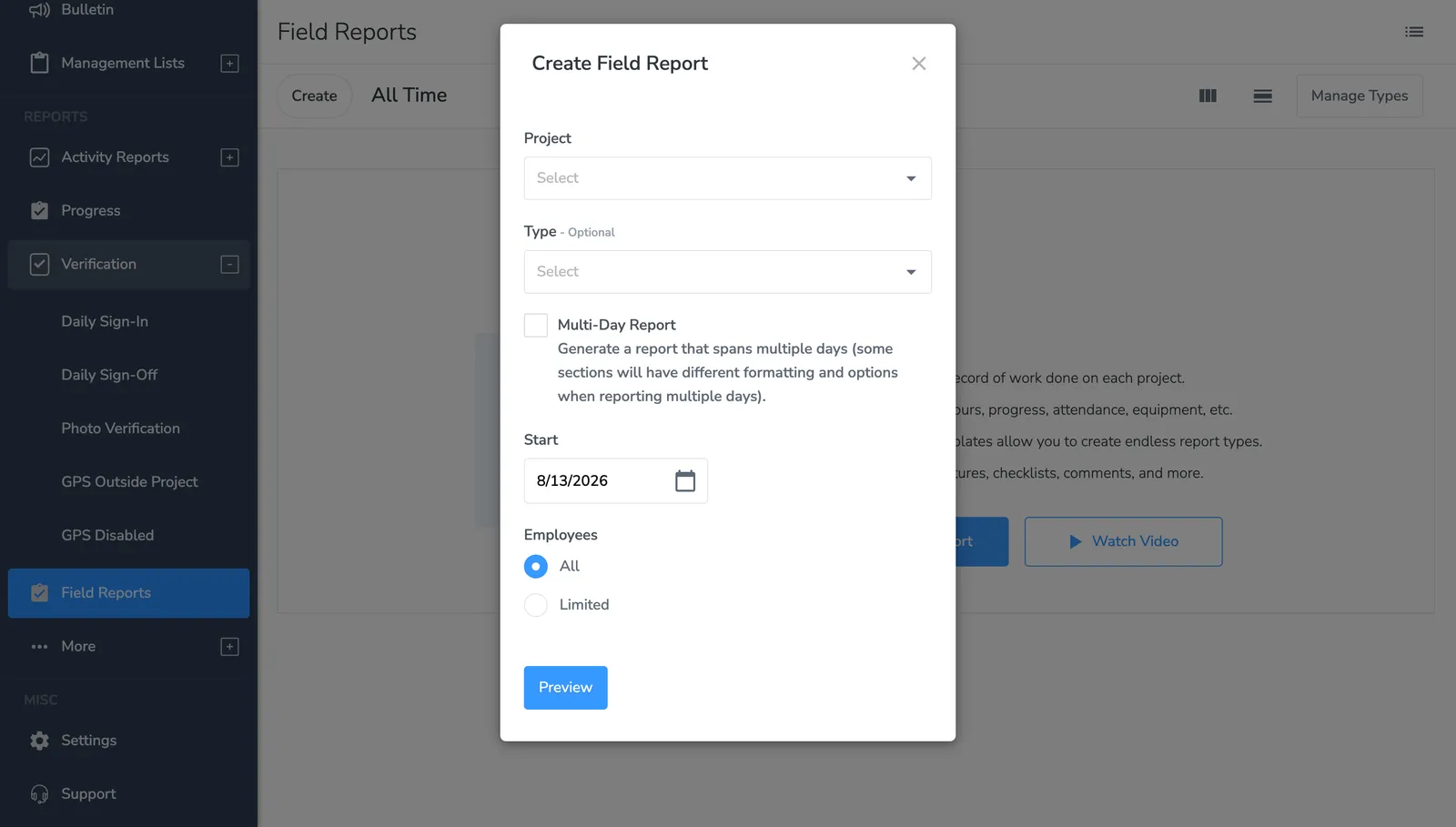BusyBusy web Create Field Report dialog with project, type, multi-day, start date, and employee selection options