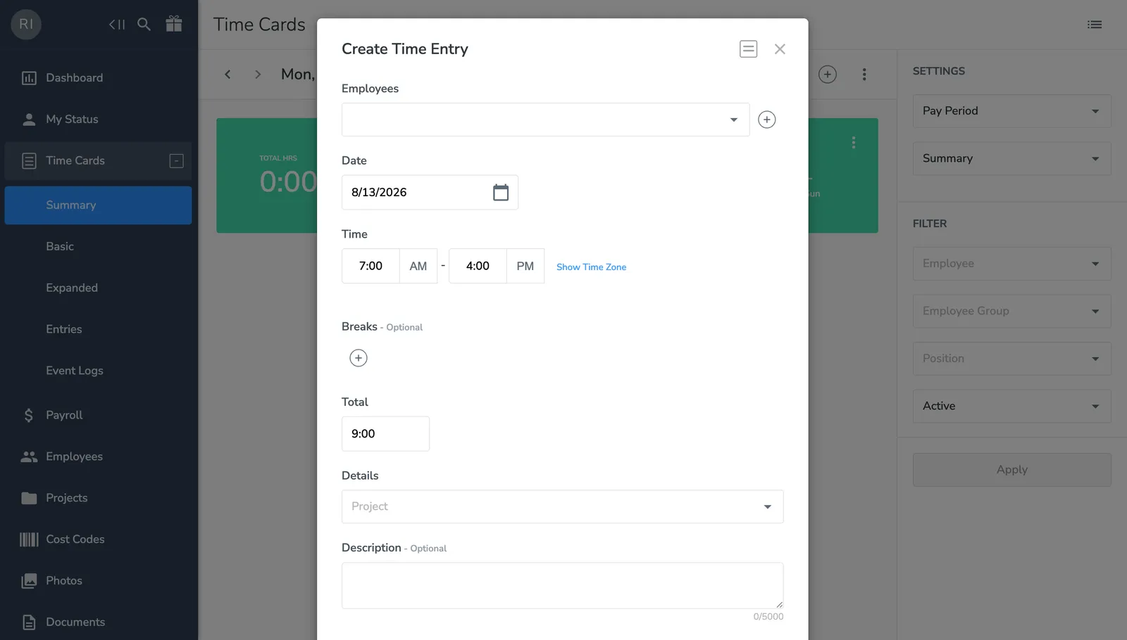 BusyBusy web Create Time Entry dialog with fields for employees, date, time, breaks, total, project, and description