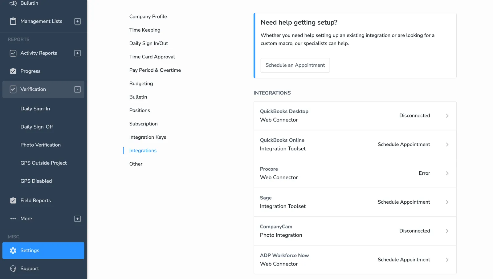 BusyBusy web Integrations settings listing QuickBooks Desktop, QuickBooks Online, Procore, Sage, CompanyCam, and ADP Workforce Now with connection statuses