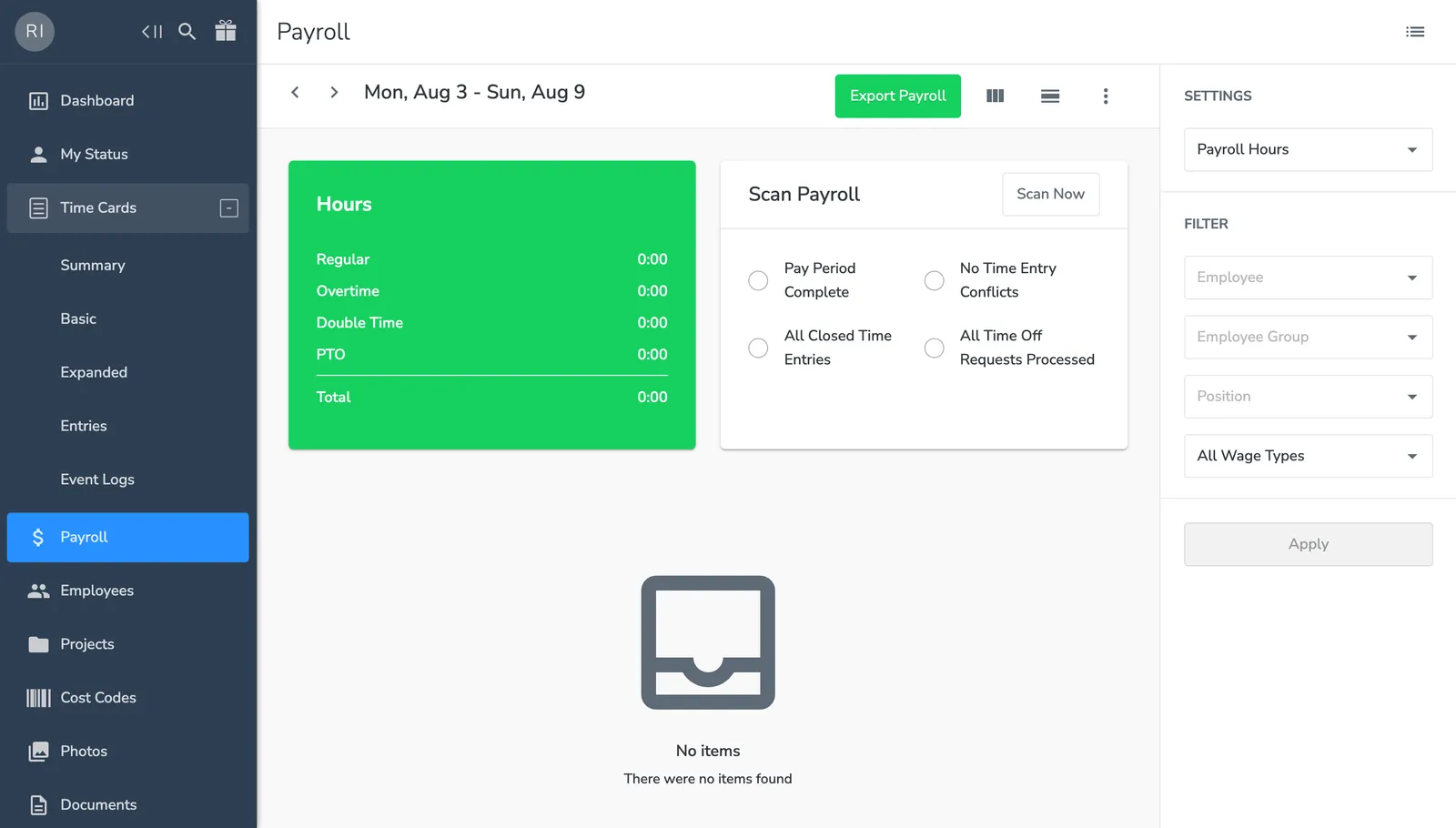 BusyBusy web Payroll screen showing an hours summary, a Scan Payroll checklist, filters, and an Export Payroll button