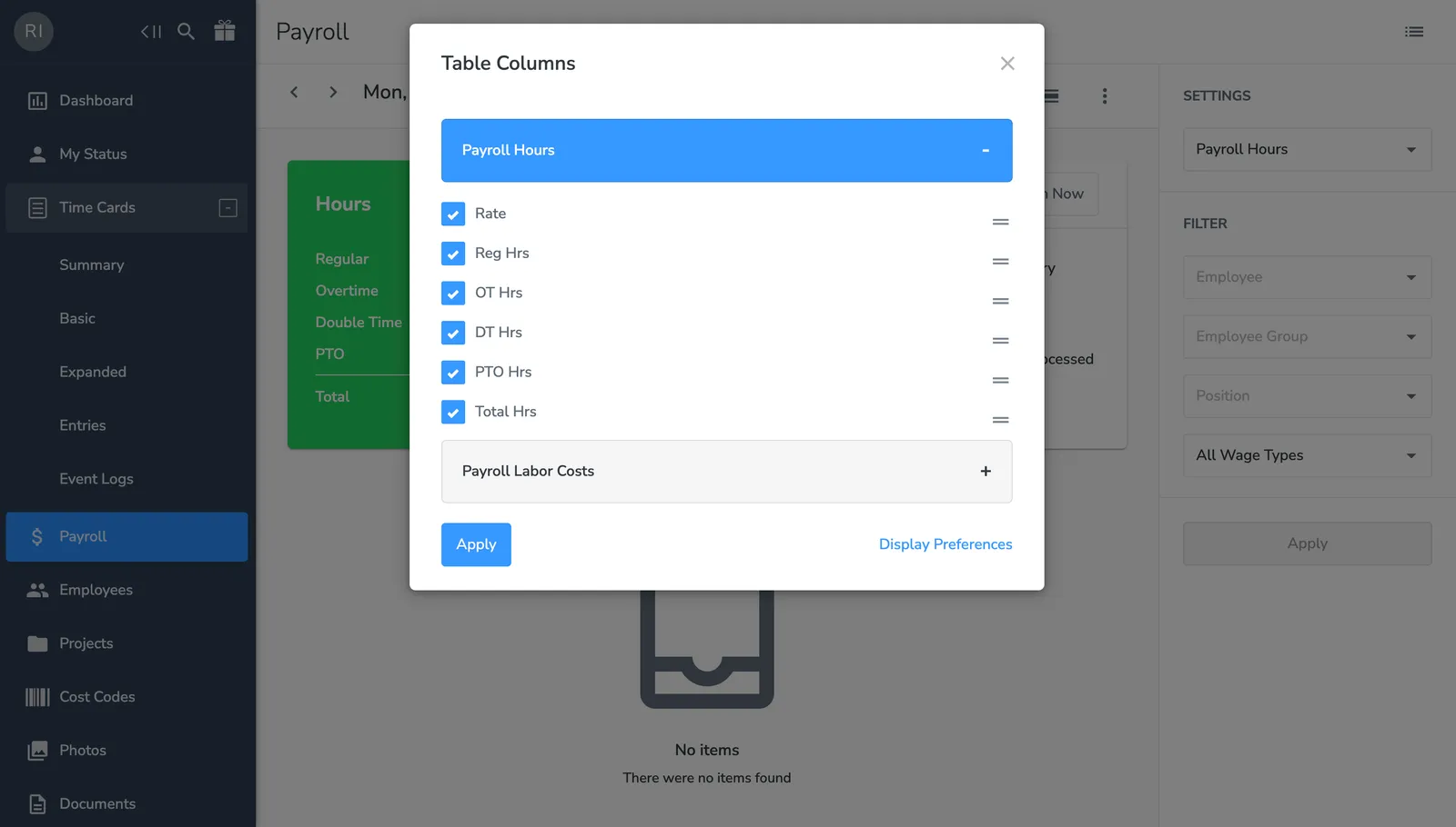 BusyBusy web Payroll Table Columns dialog with toggles for rate, regular, overtime, double-time, PTO, and total hours