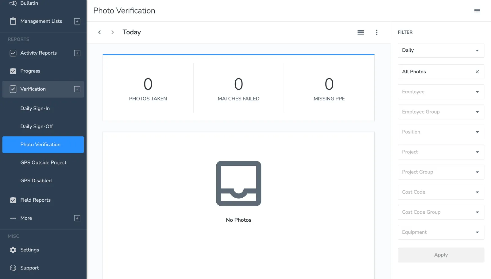 BusyBusy web Photo Verification report showing counts for photos taken, matches failed, and missing PPE with filters