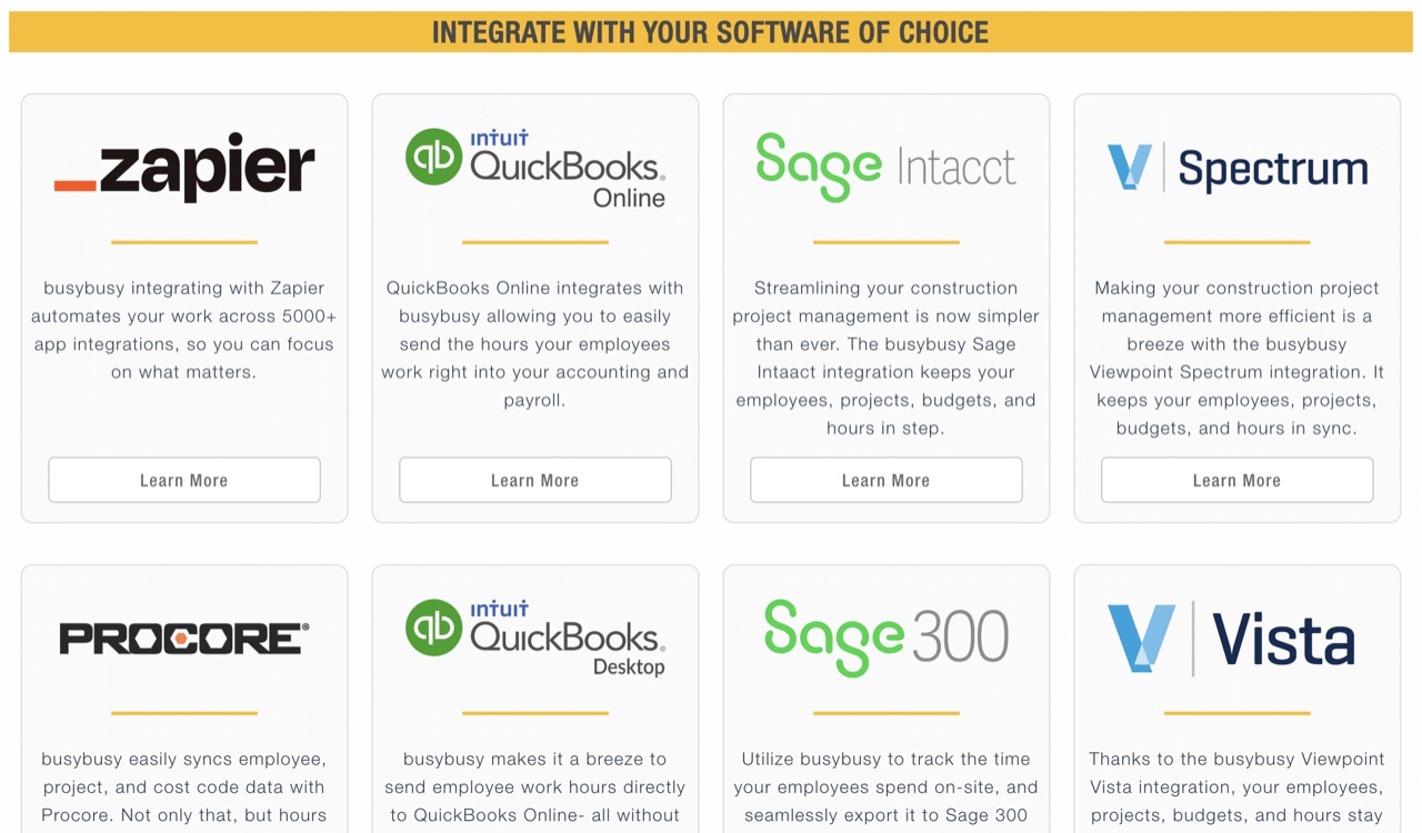 BusyBusy integrations settings showing popular integrations like QuickBooks, Sage, and Procore