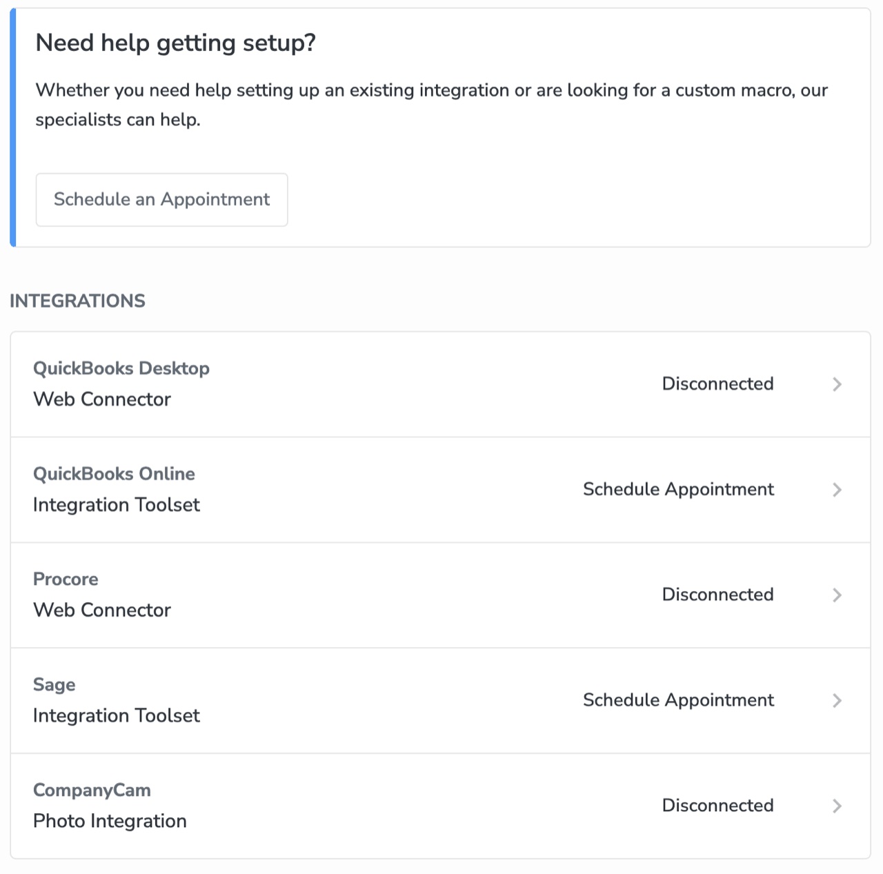 BusyBusy integrations detail with an option to schedule setup help