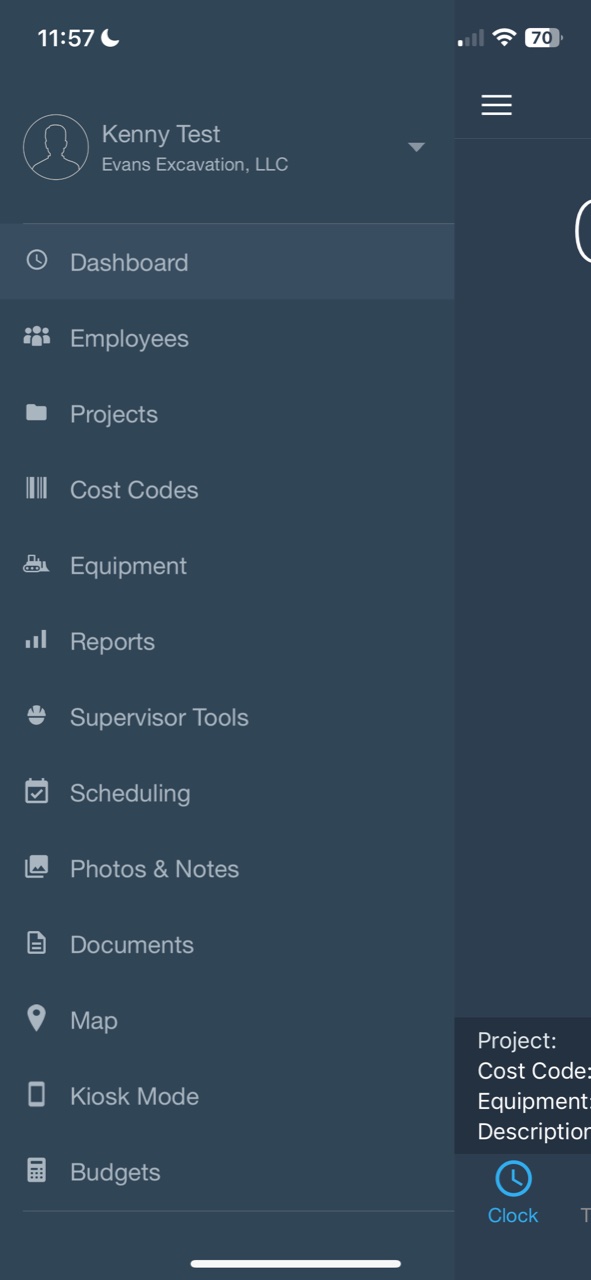 BusyBusy mobile app slide-out navigation with Dashboard, Employees, Projects, Cost Codes, Equipment, Reports, Scheduling, Photos & Notes, Map, and Kiosk Mode