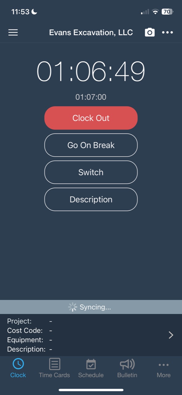 BusyBusy mobile clock screen with a running timer and Clock Out, Go On Break, and Switch buttons