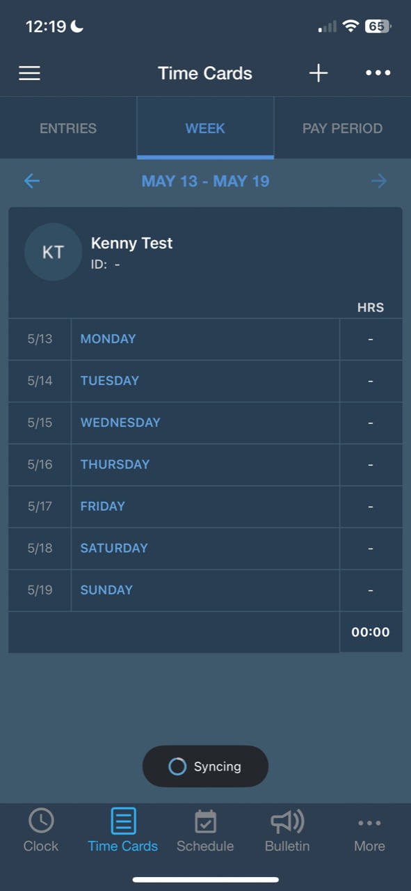 BusyBusy mobile Time Cards week view listing hours by day