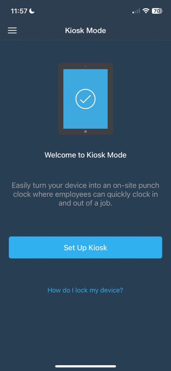 BusyBusy mobile Kiosk Mode setup screen to turn a device into a punch clock