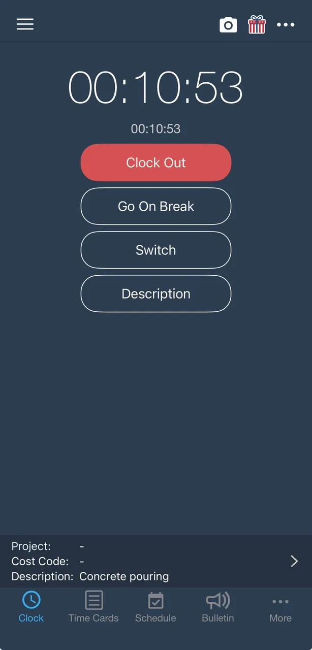 BusyBusy mobile screen during an active shift with Clock Out, Go On Break, Switch, and Description buttons and a Concrete pouring description
