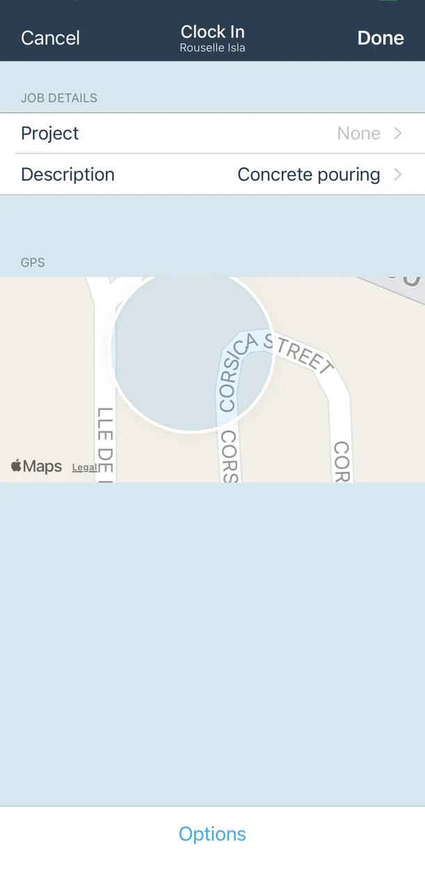 BusyBusy mobile Clock In screen showing job details and a GPS map with the worker's location marked near Corsica Street