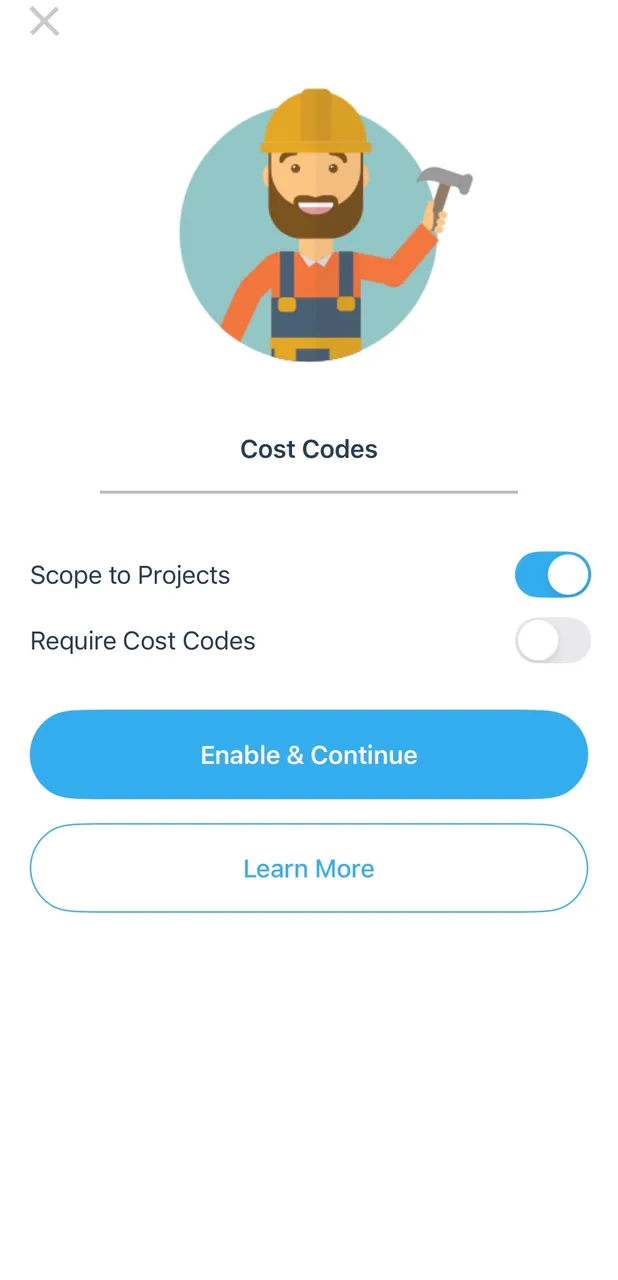 BusyBusy mobile Cost Codes setup with Scope to Projects enabled and a Require Cost Codes toggle