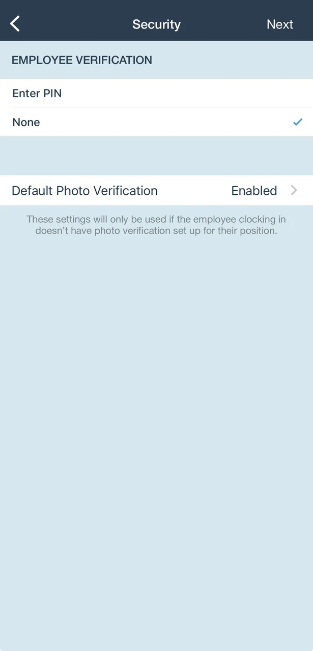 BusyBusy mobile Security settings for kiosk employee verification with PIN options and default photo verification enabled