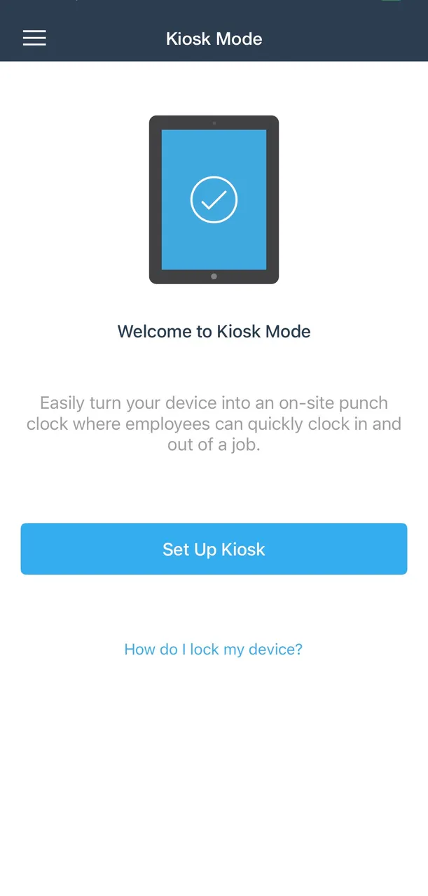 BusyBusy mobile Welcome to Kiosk Mode screen with a Set Up Kiosk button