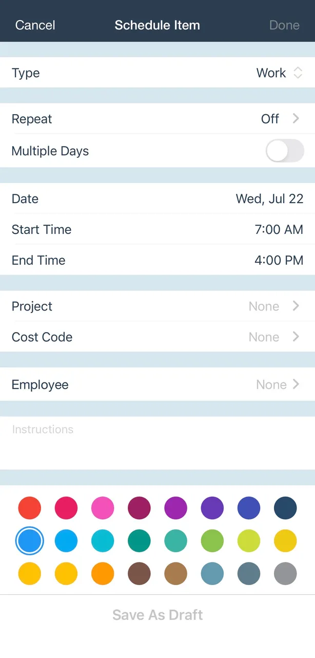 BusyBusy mobile Schedule Item form with fields for type, date, start and end time, project, cost code, and employee