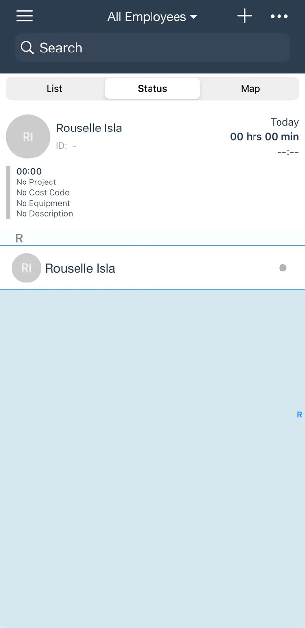BusyBusy mobile Supervisor Tools crew view on the Status tab showing an employee's hours and job details