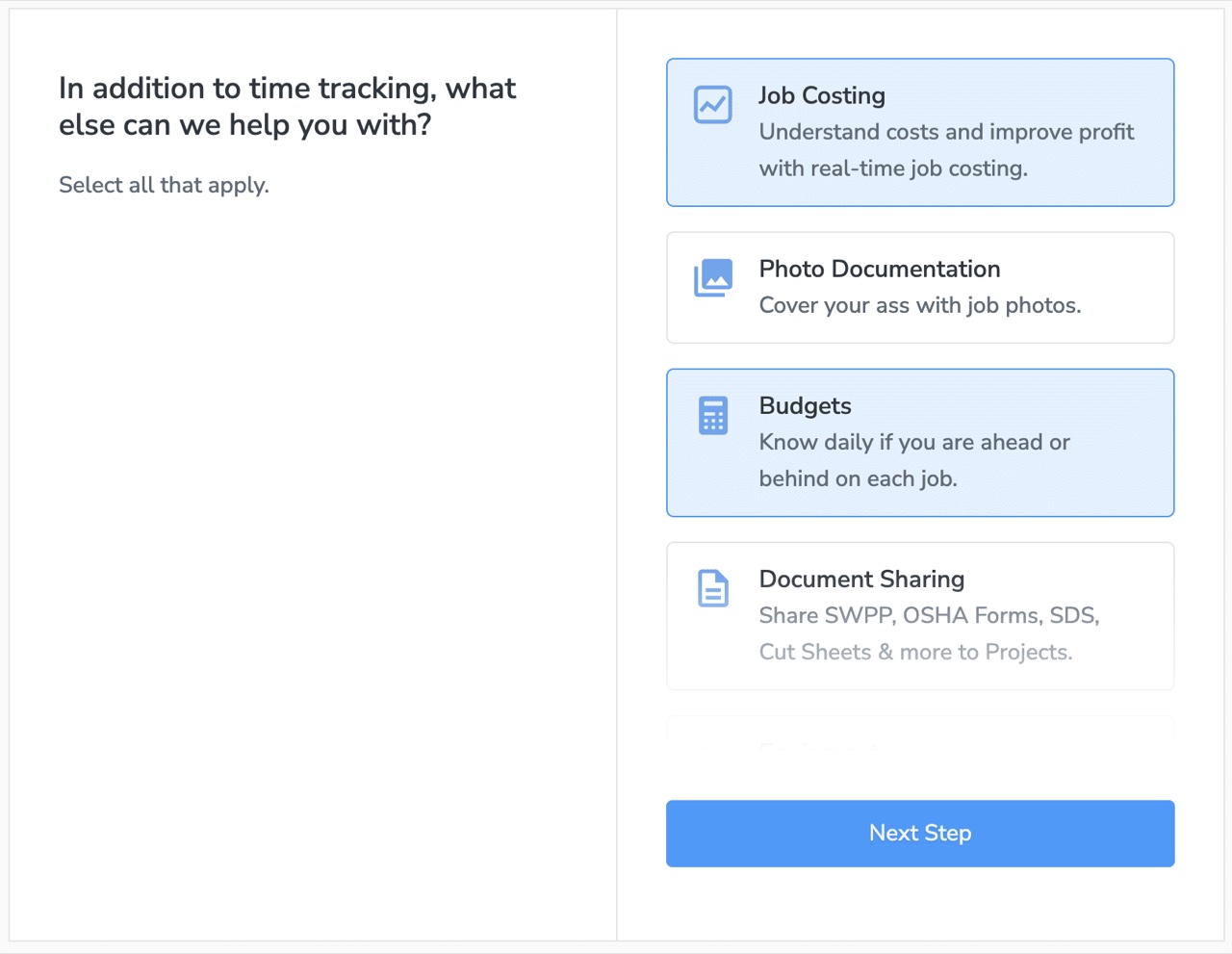 BusyBusy onboarding step to select features like job costing, photo documentation, and budgets