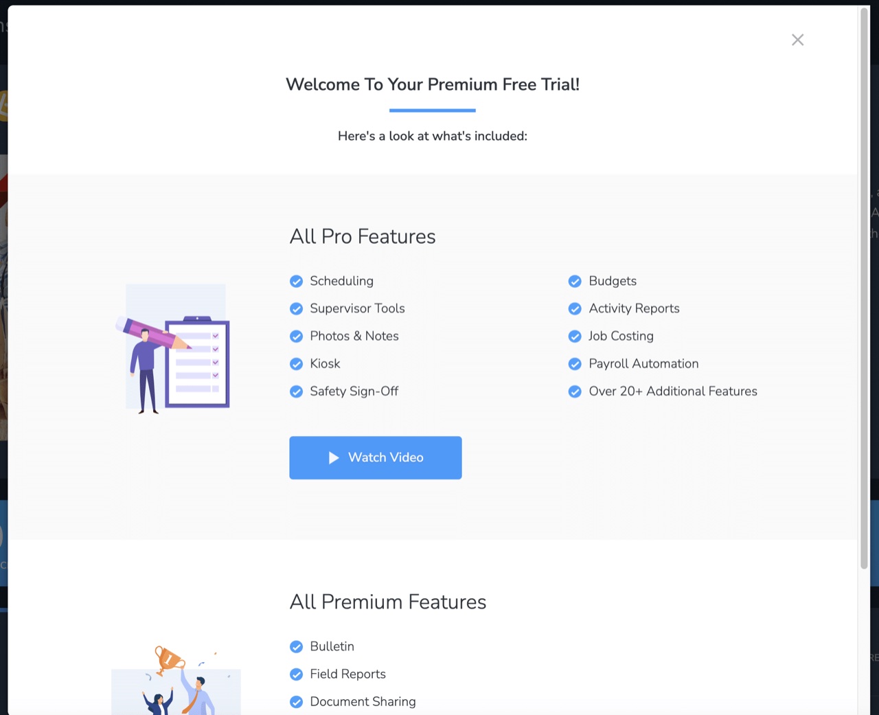 BusyBusy free-trial welcome screen listing Pro and Premium features with a Watch Video button