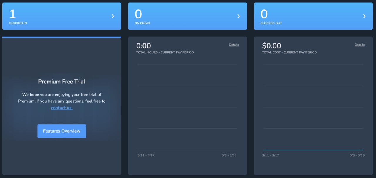 BusyBusy web dashboard showing clocked-in status, total hours, and total cost tiles