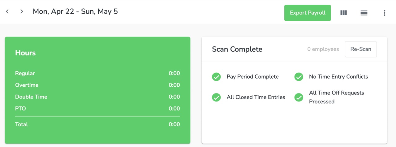 BusyBusy payroll tab summarizing hours worked and costs for the pay period
