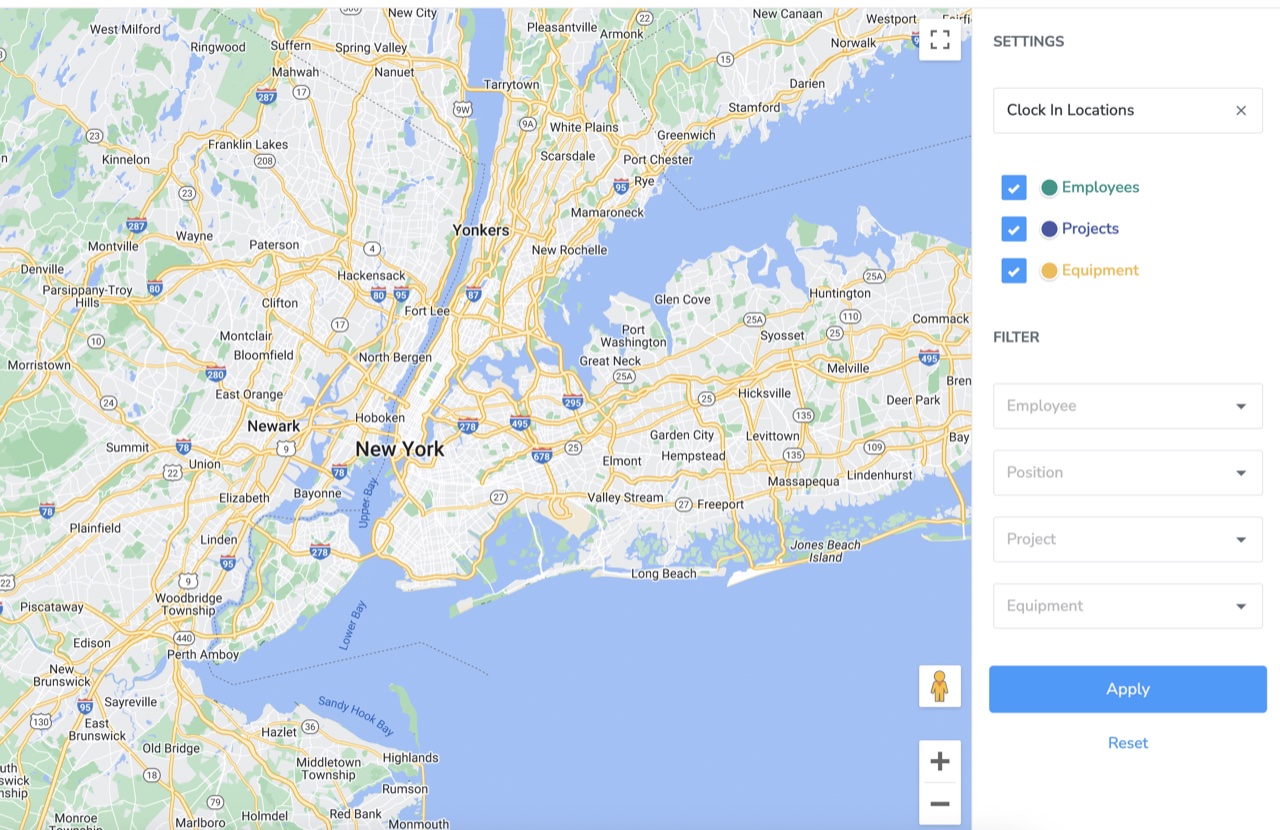BusyBusy Map view showing clock-in locations with filters for employees, projects, and equipment