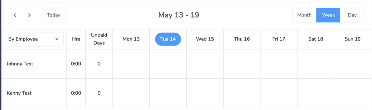 BusyBusy scheduling grid listing employees across the days of the week