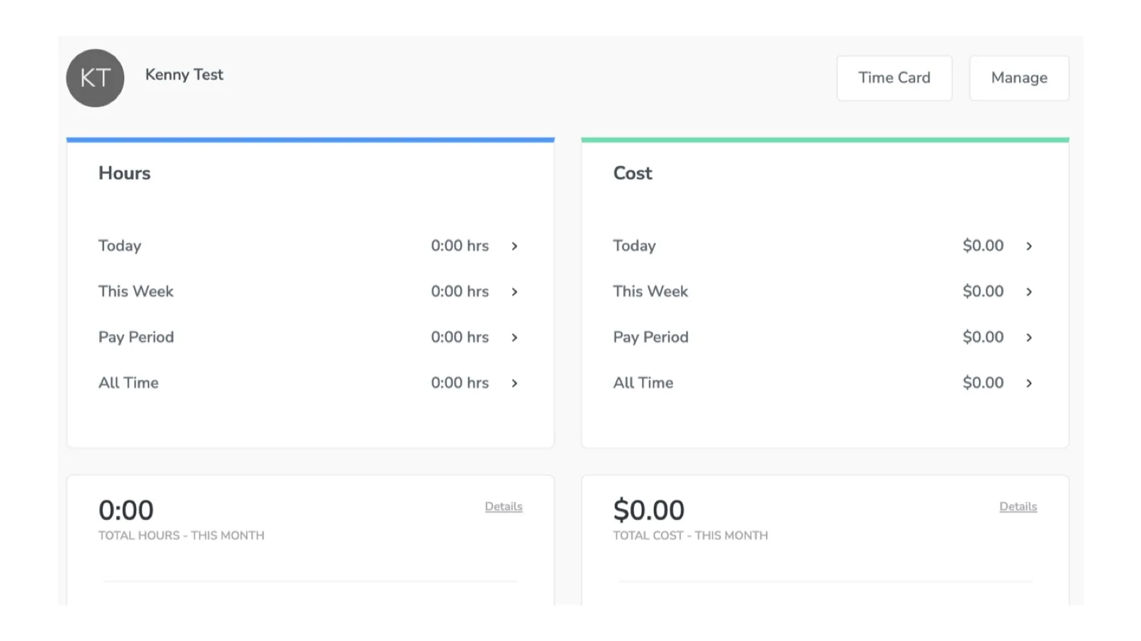 busybusy time tracking screen showing a worker clocked in against a project with cost code selection.