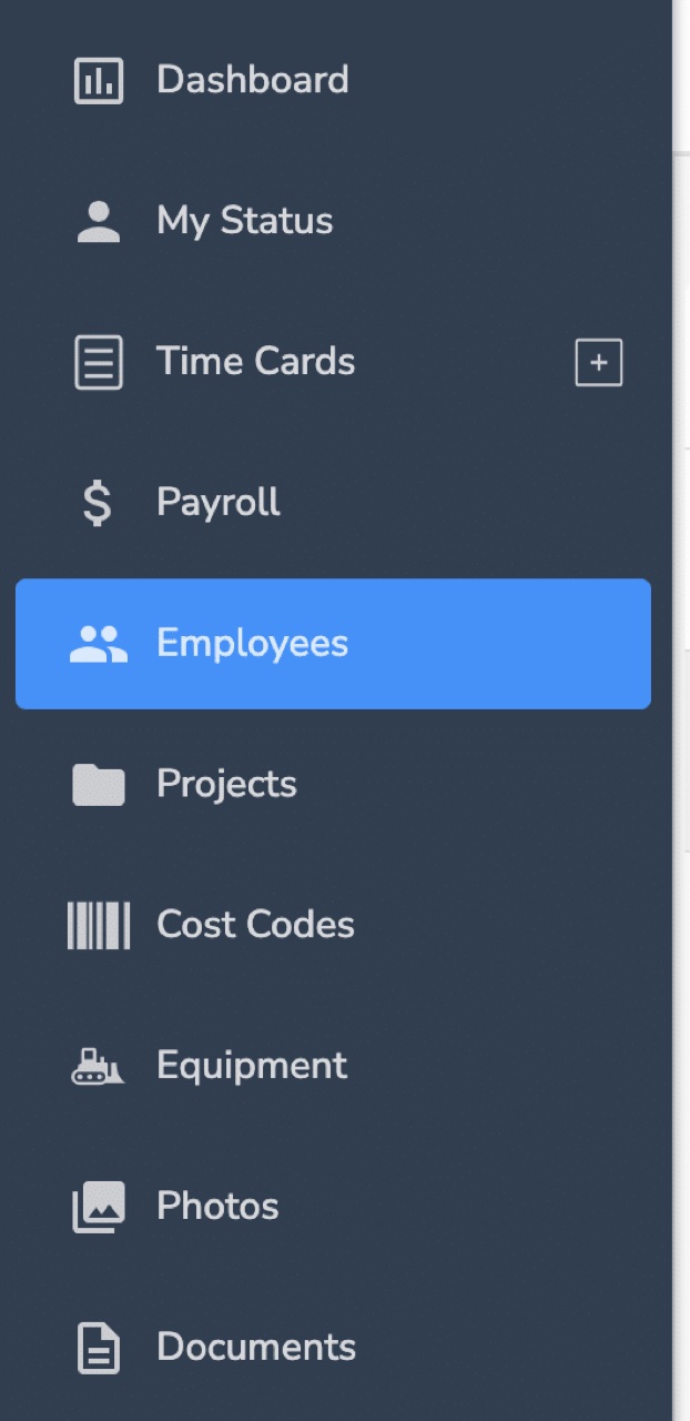 BusyBusy web app left navigation with Dashboard, My Status, Time Cards, Payroll, Employees, Projects, Cost Codes, Equipment, Photos, and Documents