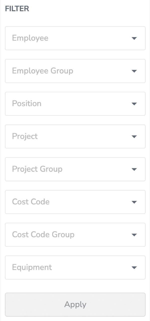 BusyBusy filter panel with dropdowns for employee, position, project, cost code, and equipment