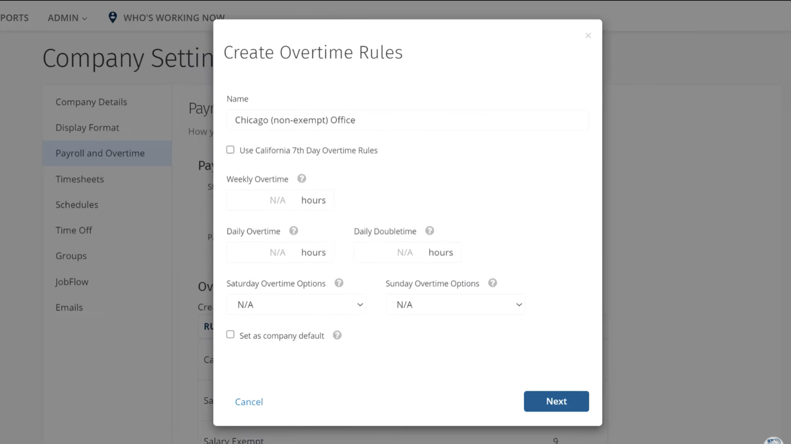 ClockShark Create Overtime Rules panel showing the California 7th Day toggle alongside weekly overtime, daily overtime, daily doubletime, and Saturday and Sunday options