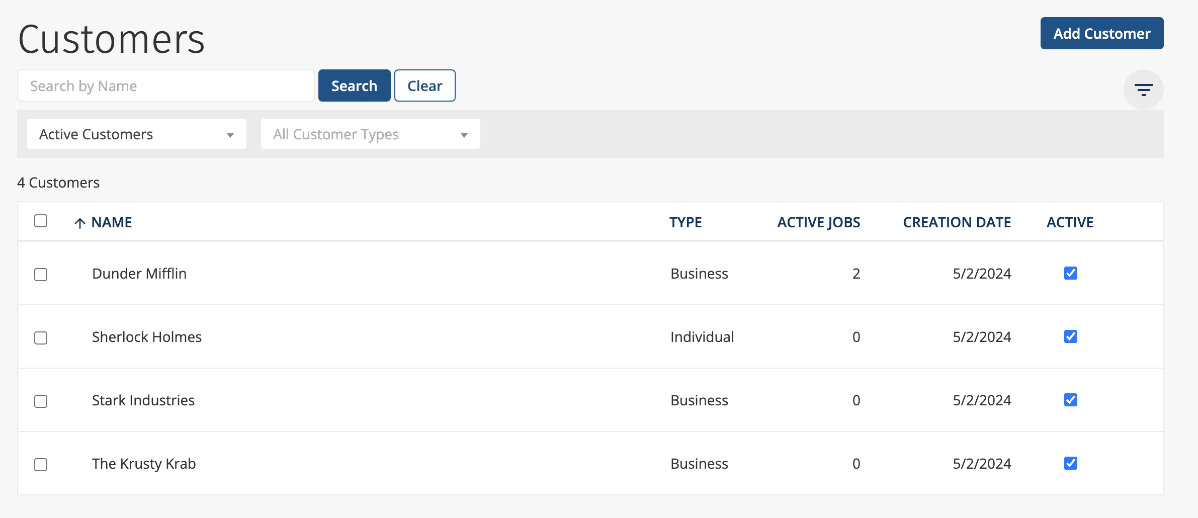 ClockShark customer profile with address, contact info, and active/inactive status