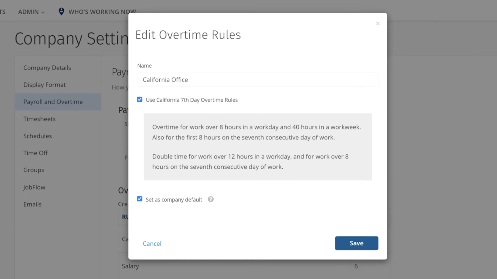 ClockShark Edit Overtime Rules panel spelling out the California thresholds for overtime and double time, including the seventh consecutive day