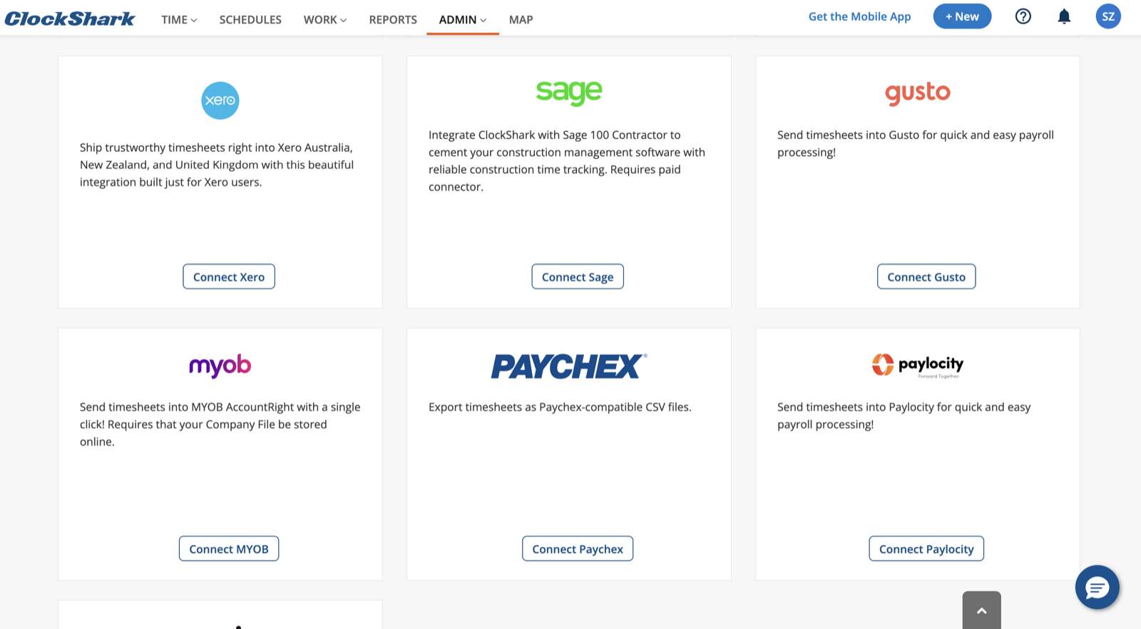 ClockShark integrations page showing connection cards for Xero, Sage 100 Contractor, Gusto, MYOB, Paychex, and Paylocity