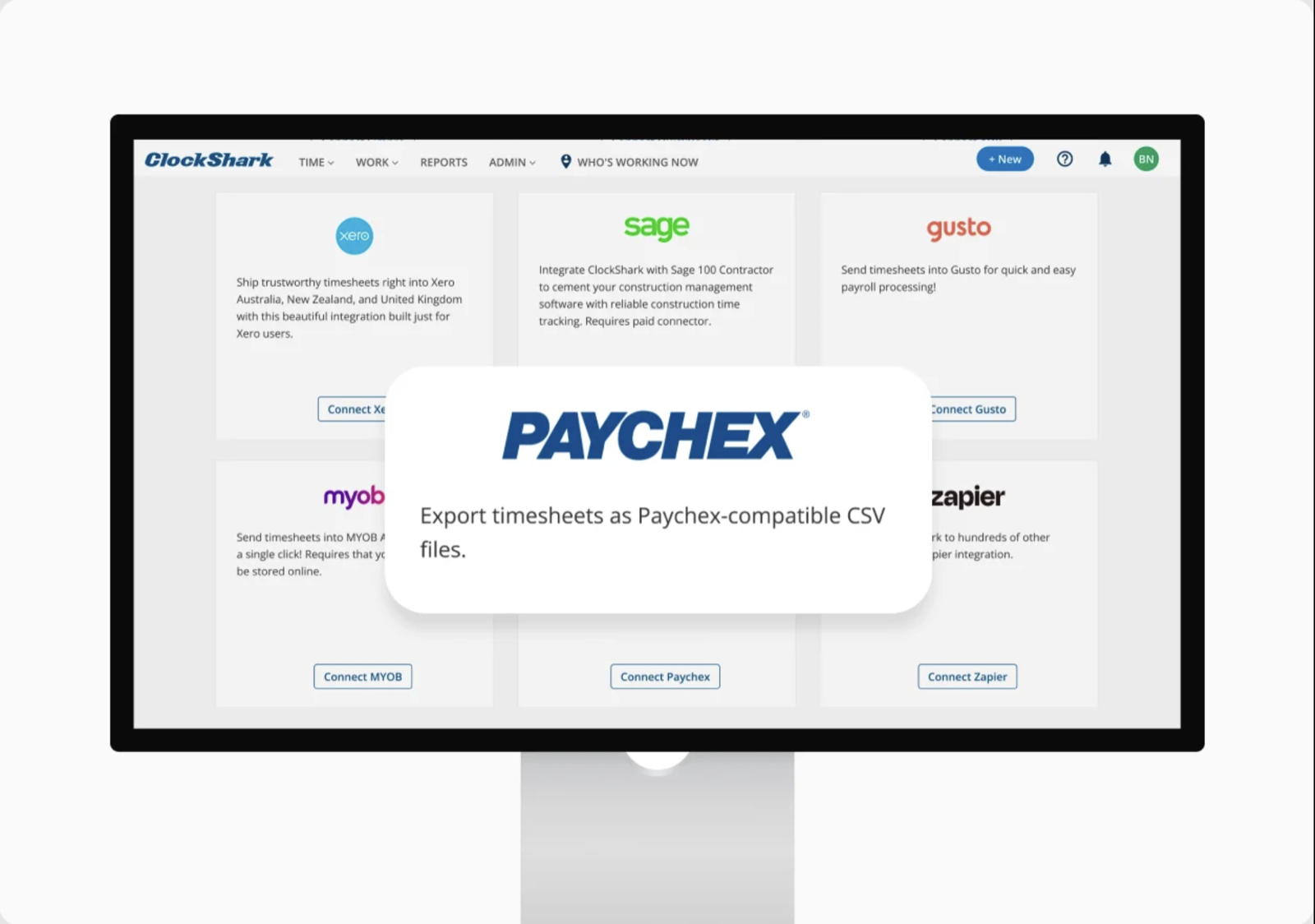 ClockShark integrations page showing the Paychex CSV export card alongside Zapier