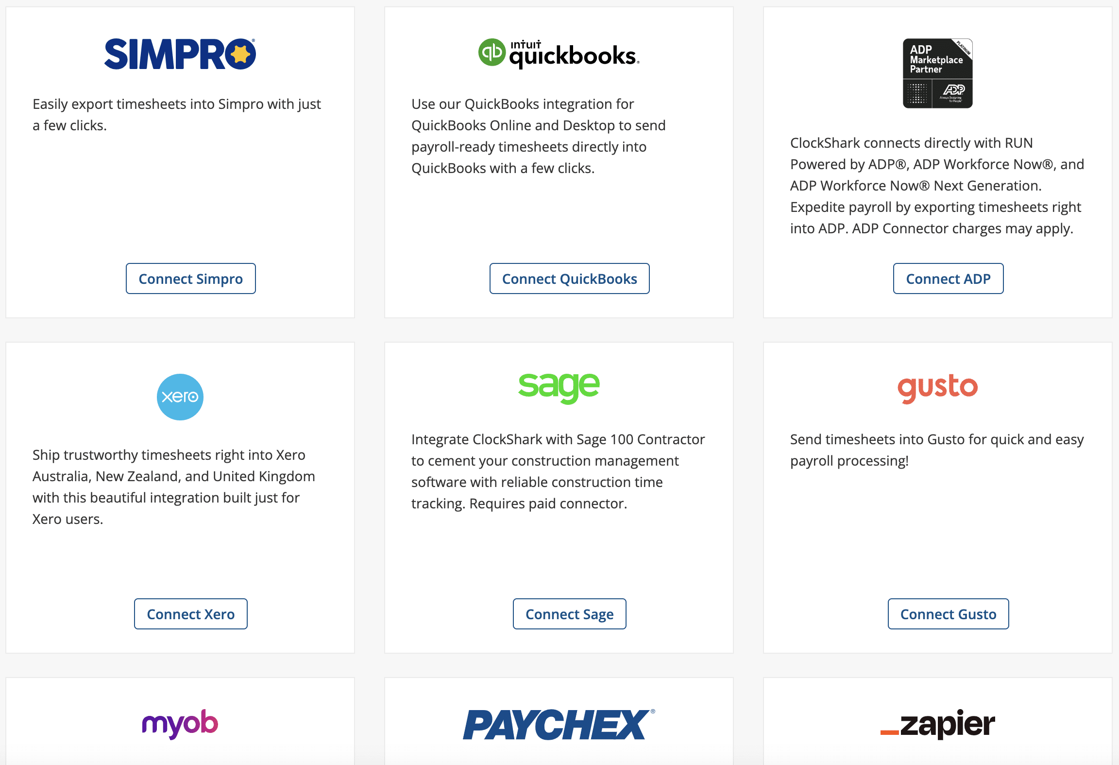 ClockShark Admin > Integrations panel — a grid of integration cards, each with a Connect button