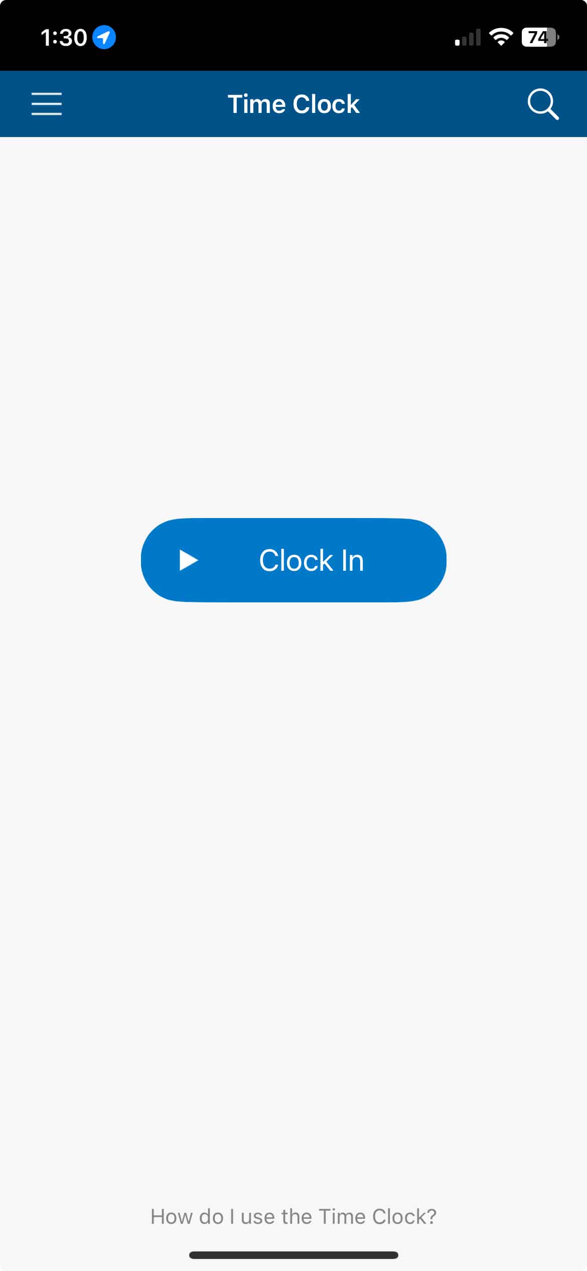 ClockShark mobile app 'Time Clock' screen — a near-empty layout with a single large Clock In button