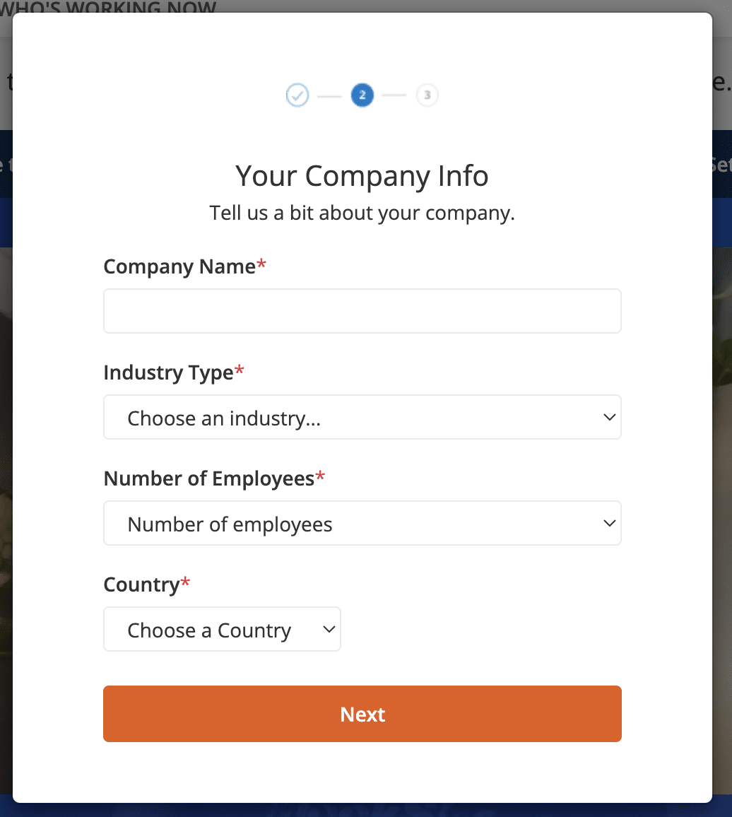 ClockShark sign-up wizard 'Your Company Info' step with fields for Company Name, Industry Type, Number of Employees, and Country