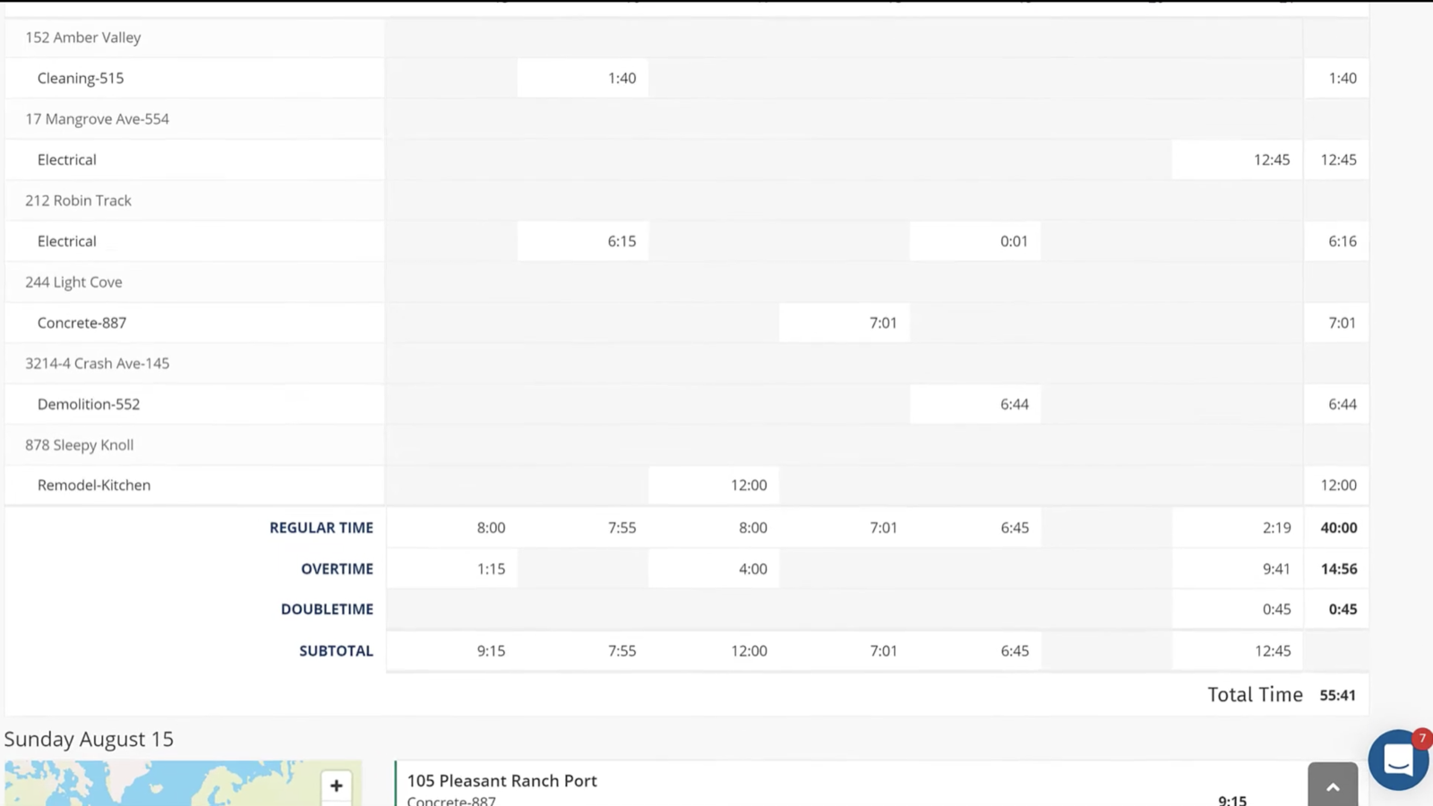 ClockShark weekly timesheet showing regular time, overtime, and doubletime columns broken out by job