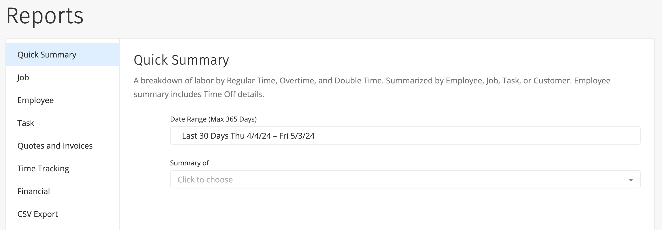 ClockShark Reports page with the report types in a left sidebar and a Summary/Detailed PDF export option