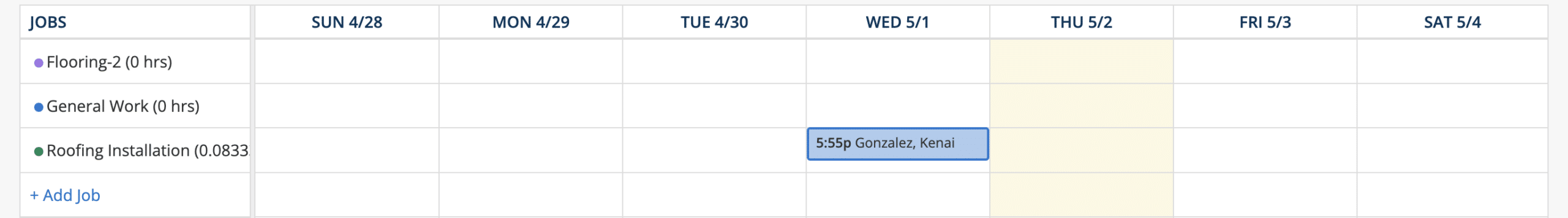 ClockShark add-shift panel — assigning a shift with job and task details
