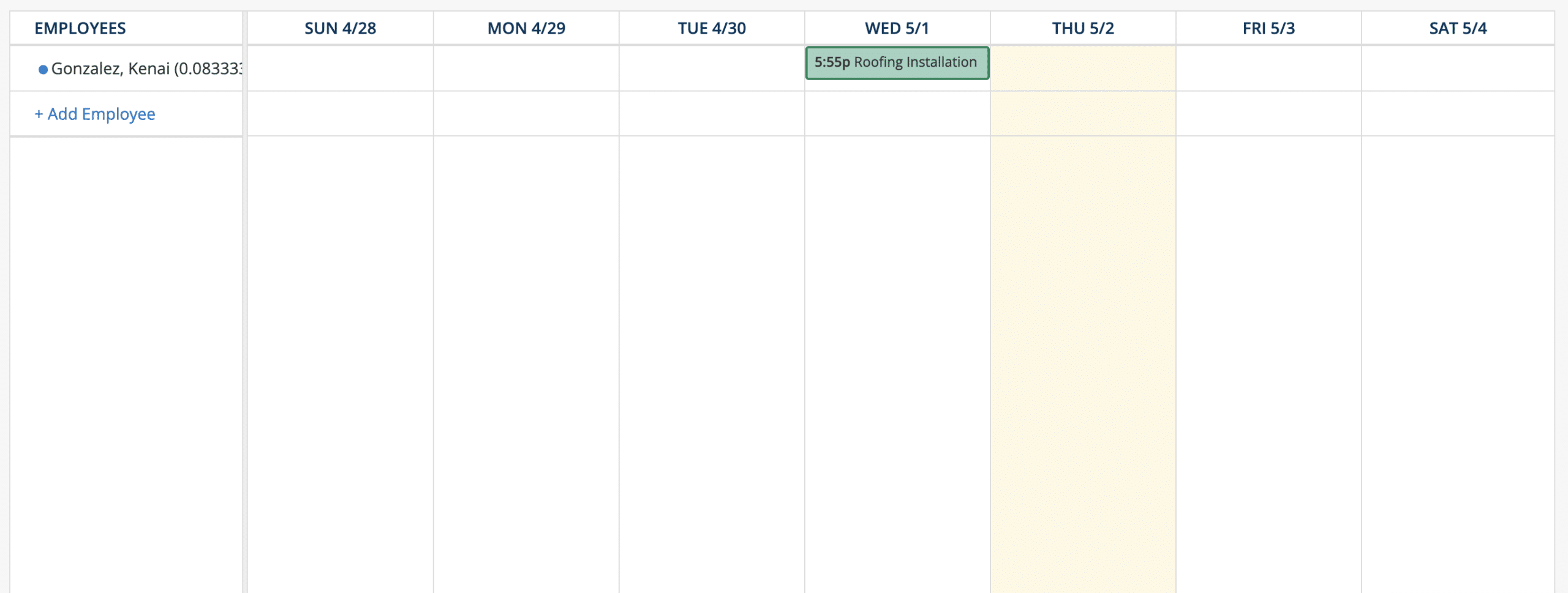 ClockShark scheduling calendar in week view with employees down the left and days across the top