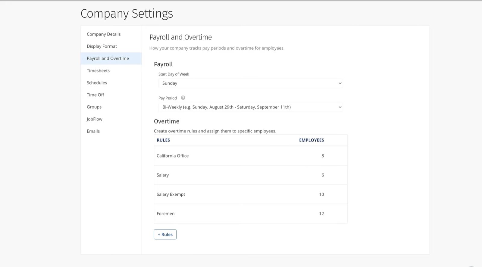 ClockShark Company Settings on the Payroll and Overtime page, with named overtime rule sets listed for California Office, Salary, Salary Exempt, and Foremen